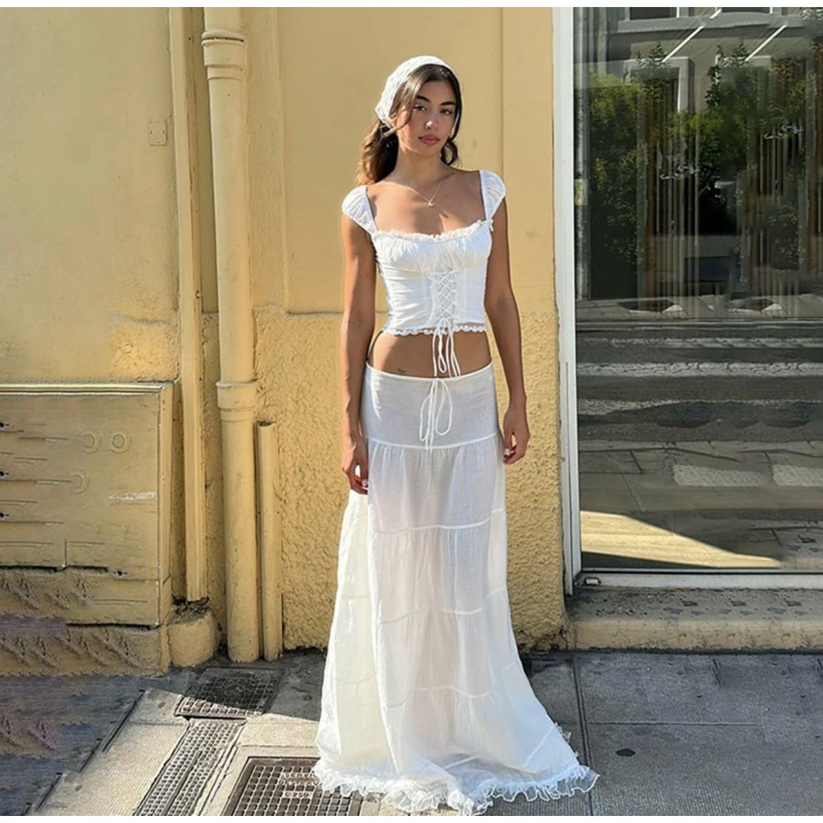 Maria romantic lace ruffle maxi skirt and corset crop top - House of Maye