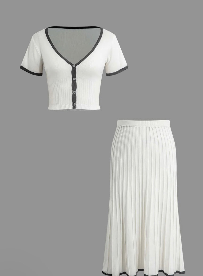 Lina V-neck Knit Top And Pleated Midi Skirt Set - House of Maye
