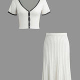 Lina V-neck Knit Top And Pleated Midi Skirt Set - House of Maye