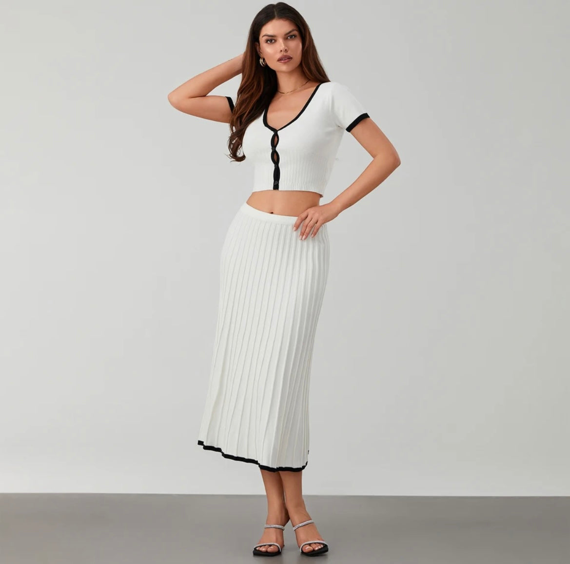 Lina V-neck Knit Top And Pleated Midi Skirt Set - House of Maye