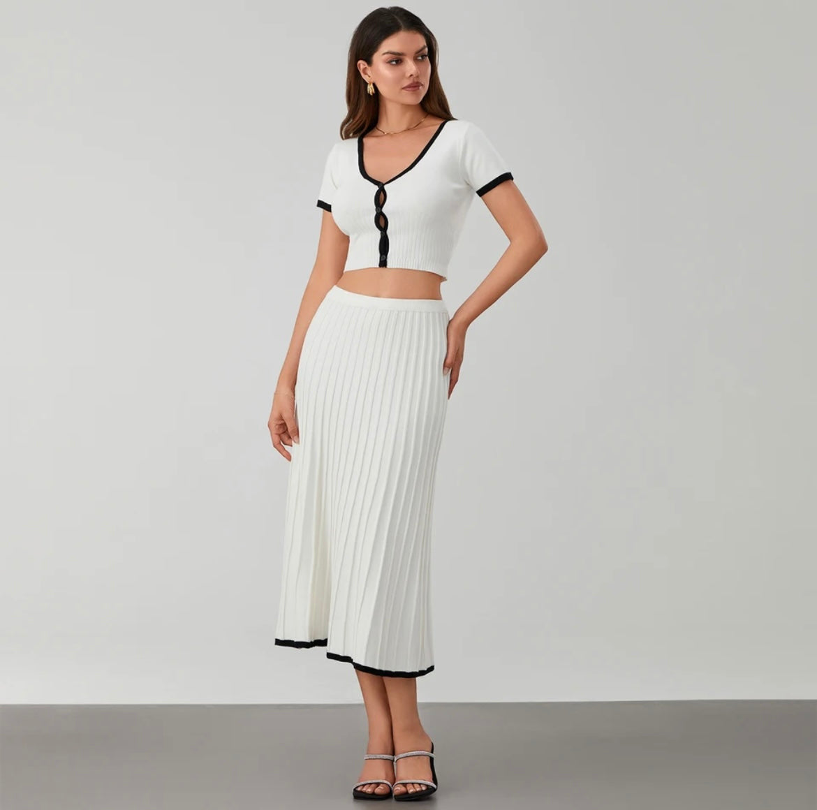 Lina V-neck Knit Top And Pleated Midi Skirt Set - House of Maye