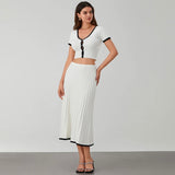 Lina V-neck Knit Top And Pleated Midi Skirt Set - House of Maye