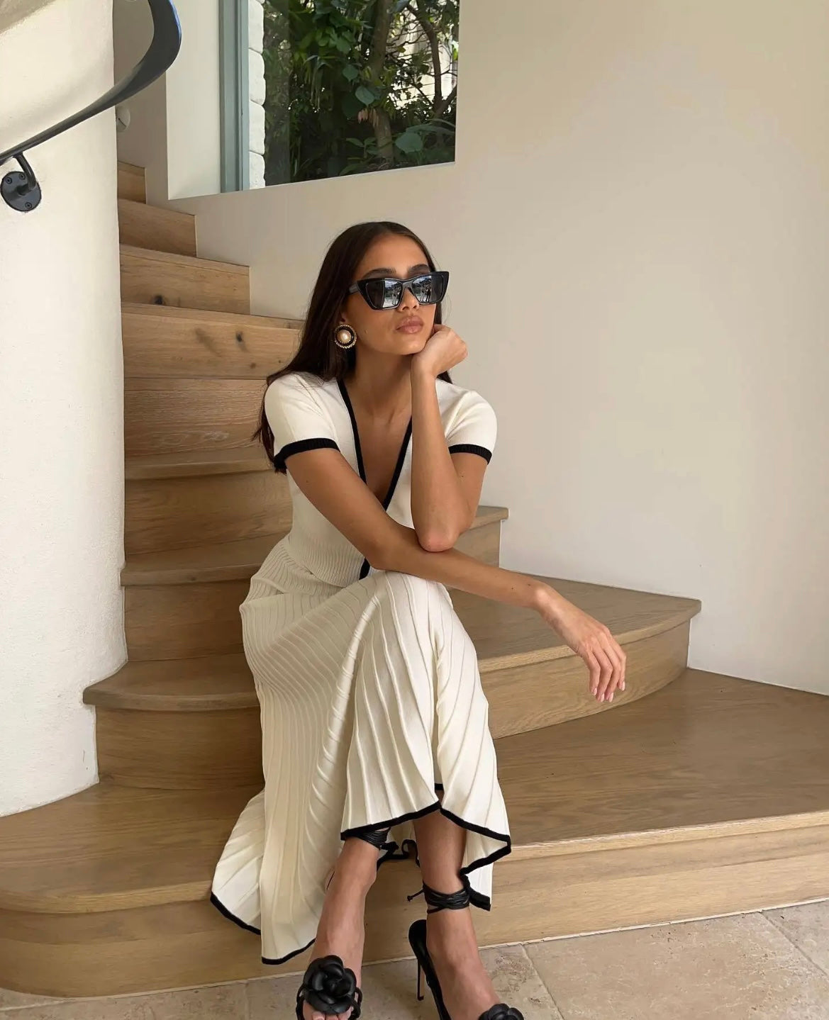 Lina V-neck Knit Top And Pleated Midi Skirt Set - House of Maye