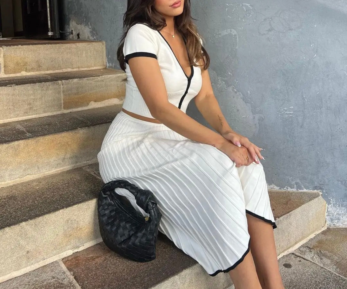 Lina V-neck Knit Top And Pleated Midi Skirt Set - House of Maye