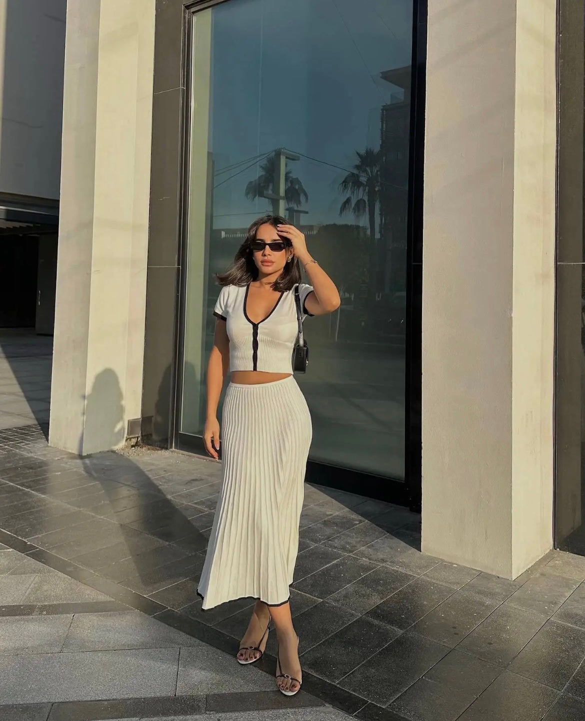 Lina V-neck Knit Top And Pleated Midi Skirt Set - House of Maye