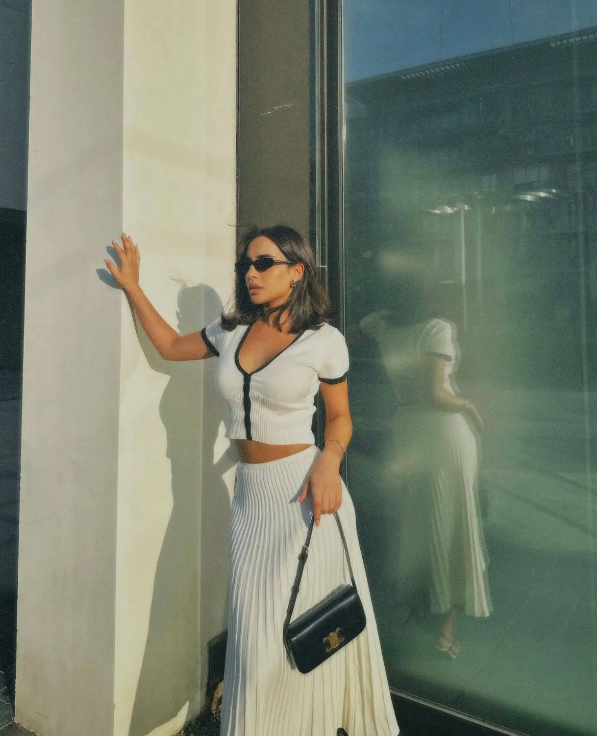 Lina V-neck Knit Top And Pleated Midi Skirt Set - House of Maye