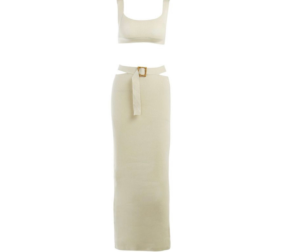 Joana Knit Square Neck Crop Tank Top And Buckle Midi Skirt Set - House of Maye