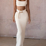Joana Knit Square Neck Crop Tank Top And Buckle Midi Skirt Set - House of Maye