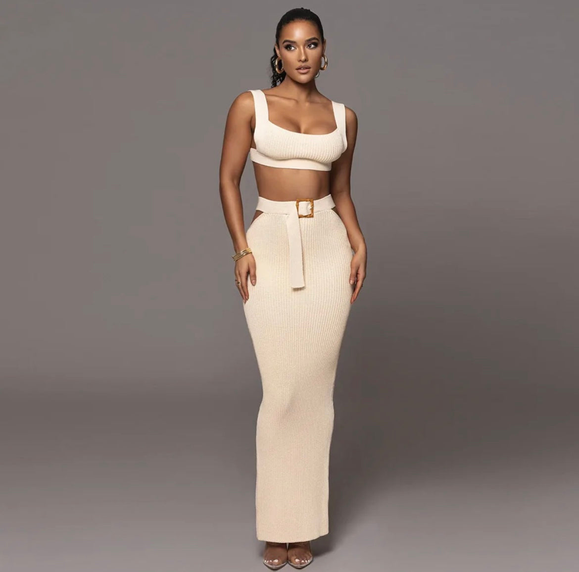 Joana Knit Square Neck Crop Tank Top And Buckle Midi Skirt Set - House of Maye