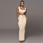 Joana Knit Square Neck Crop Tank Top And Buckle Midi Skirt Set - House of Maye