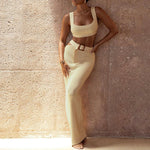 Joana Knit Square Neck Crop Tank Top And Buckle Midi Skirt Set - House of Maye